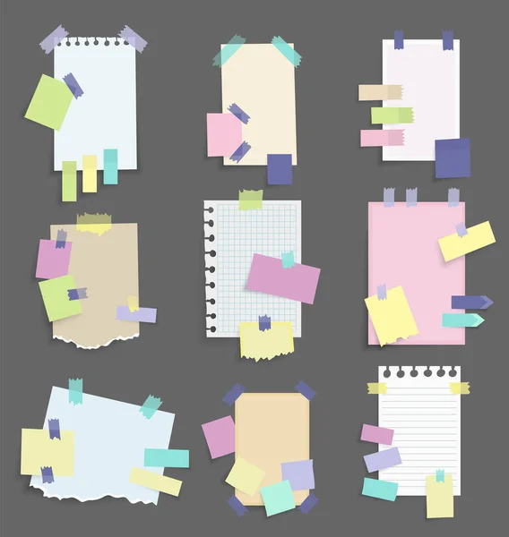 Papier notes autocollants. Ensemble de différents papiers de notes vectorielles. Autocollants blancs multicolores. Feuilles collantes de différentes couleurs et illustrations vectorielles de taille — Image vectorielle