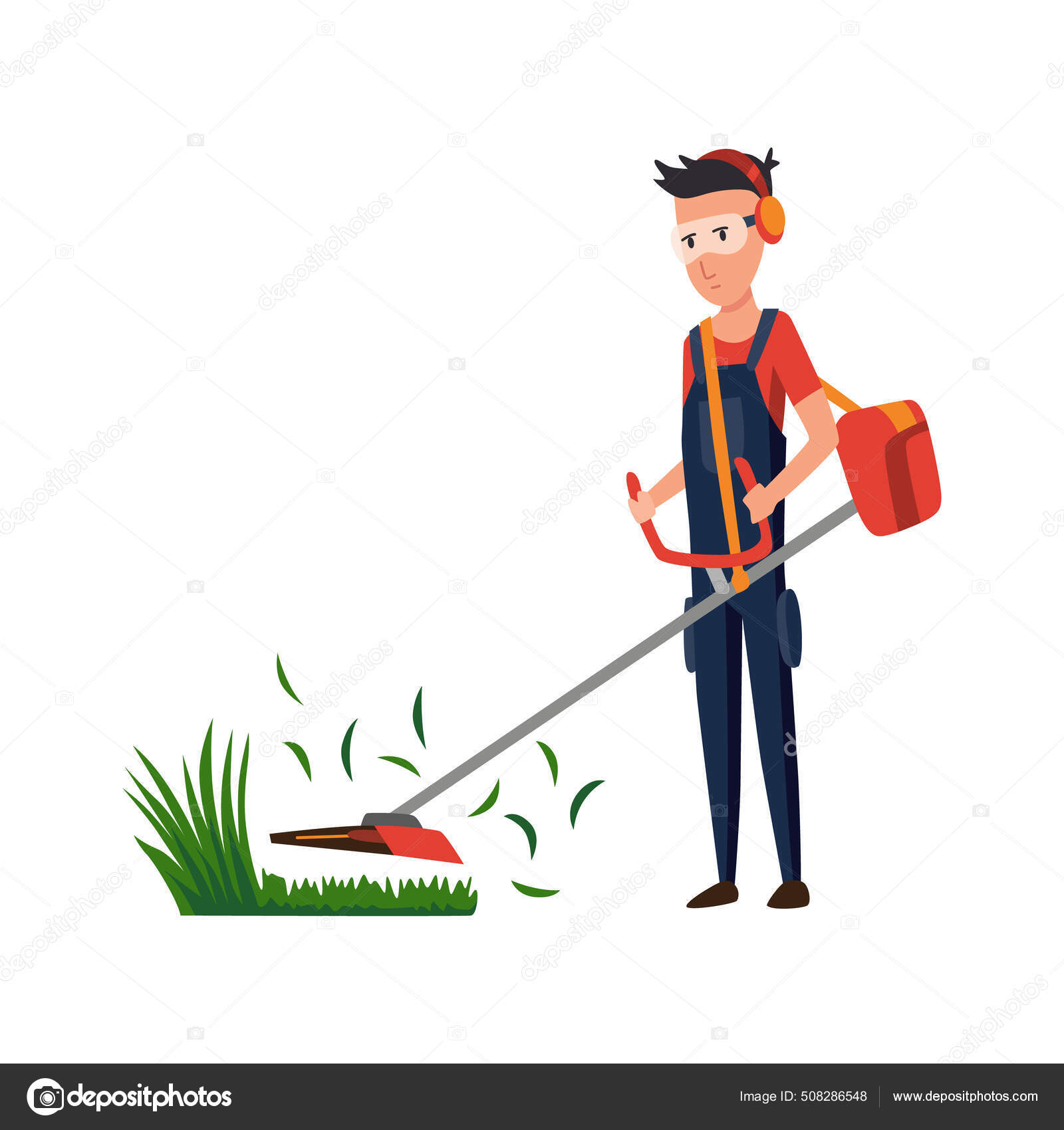 ชาวสวนมืออาชีพทํางานที่สวนหลังบ้านและตัดหญ้าด้วยเครื่องตัดหญ้าไฟฟ้า ชาย