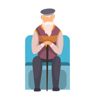 Metro metrosundaki yaşlı adam tren vagonunda. Toplu taşıma, yeraltı metro toplu taşımacılığı ve oturan yolcu. Tasarım kavramı