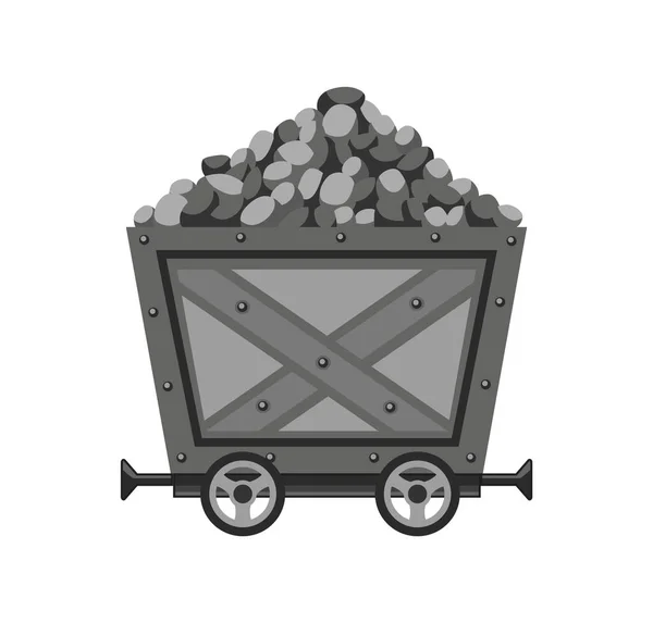Металевий шахтовий візок, завантажений камінням або вугіллям. Мультфільм мій візок. Векторна ілюстрація дизайну ізольована на білому тлі — стоковий вектор