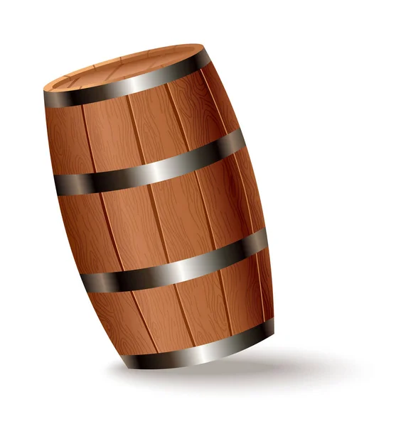 Realistic wooden barrel. Isolated oak cask with timber body with iron rings on white background. Vector realistic keg for whiskey, rum, cognac, wine, beer, kvass or other drinks — Stock Vector