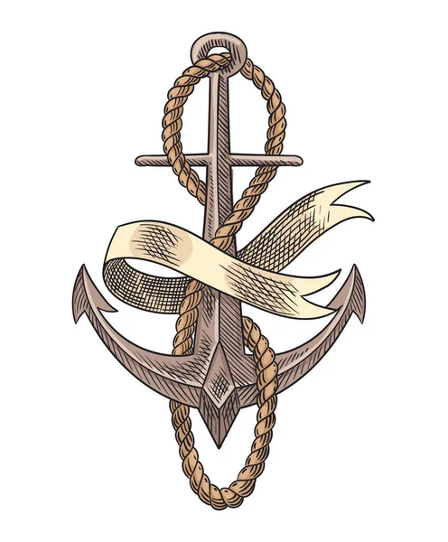 ( 영어 ) Anchor and rope sketch engraving vector illustration. 손으로 그린 디자인 이미지. 고전적 인 스타일의 감각적 상징이다. 역 그리기 — 스톡 벡터