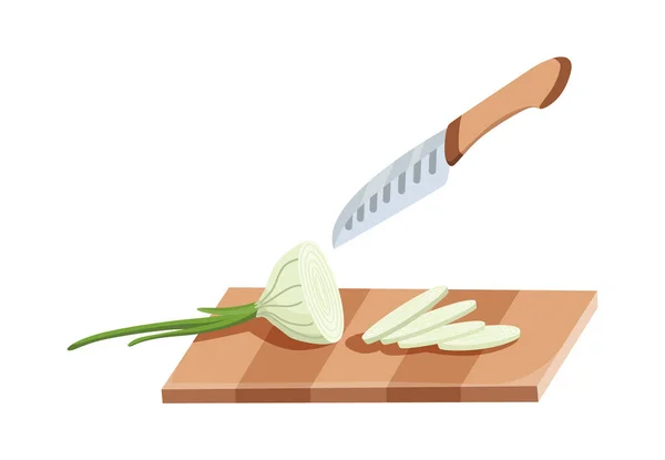Κομμένο λαχανικό. Κοπή κρεμμυδιού με μαχαίρι. Κοπή σε ξύλινη σανίδα που απομονώνεται σε λευκό φόντο. Ετοιμάσου να μαγειρέψεις. Κομμένη φρέσκια διατροφή σε καρτούν επίπεδη στυλ — Διανυσματικό Αρχείο