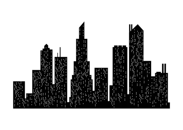 Silhouette Cityscape. Edificio cittadino, città notturna e sagoma orizzontale del panorama urbano. Moderno paesaggio urbano. Vista panoramica monocromatica — Vettoriale Stock