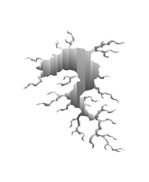 Scheuren na een aardbeving. Gat in de grond en vernietigingsscheur. Veroudering of gedroogde grond effecten, land vernietiging. Gebroken grond geïsoleerd op een witte achtergrond — Stockvector