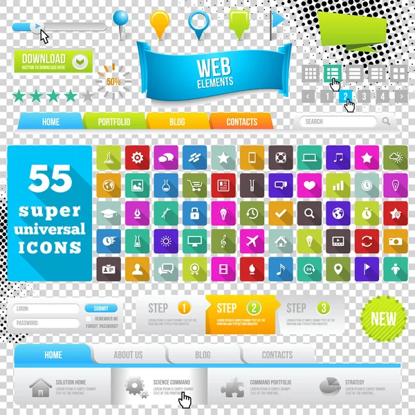 Set di icone di design piatto, elementi, widget e menu. Modelli di design del sito web — Vettoriale Stock
