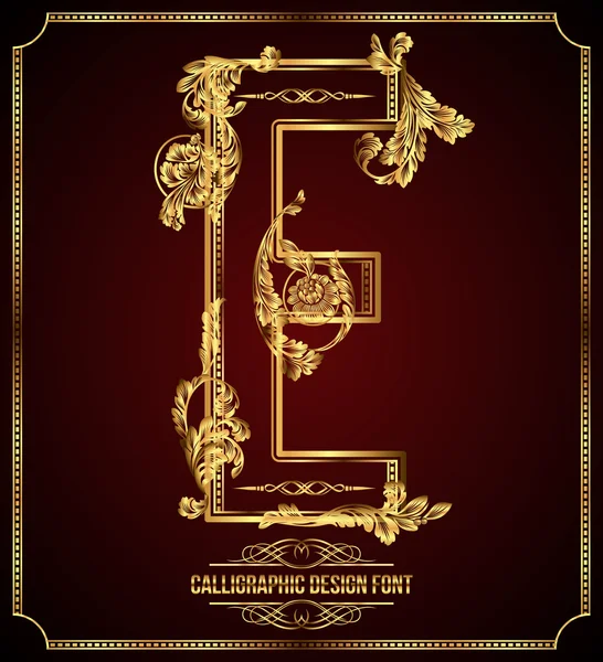 Calligraphic Design Font with Typographic Floral Elements. Premium design elements on dark background. Page Decoration. Retro Vector Gold Letter E — Stock Vector