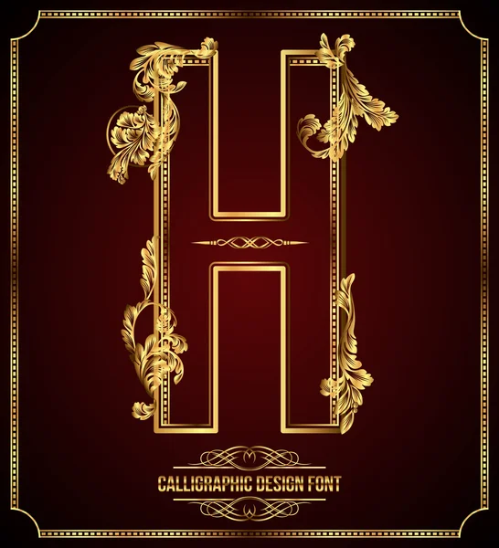 Calligraphic Design Font with Typographic Floral Elements. Premium design elements on dark background. Page Decoration. Retro Vector Gold Letter H — Stock Vector