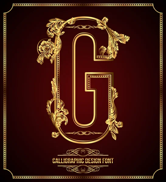 Kalligrafische ontwerp lettertype zonder typografische floral elementen. premie ontwerpelementen op een donkere achtergrond. pagina decoratie. Retro vector gouden alfabet g — Stockvector