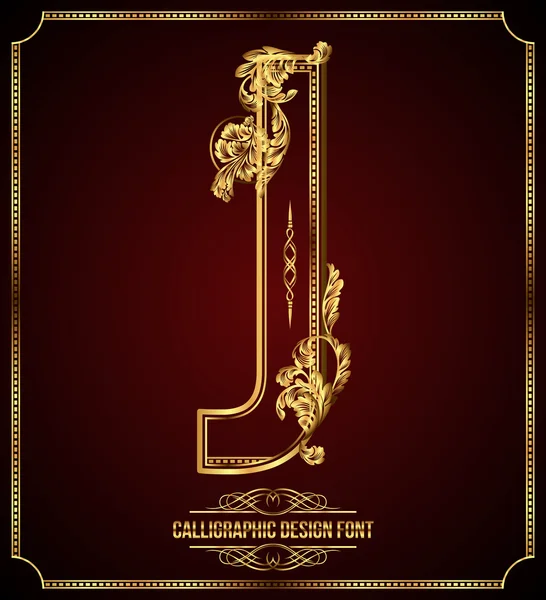 Calligraphic Design Font with Typographic Floral Elements. Premium design elements on dark background. Page Decoration. Retro Vector Gold Letter J — Stock Vector