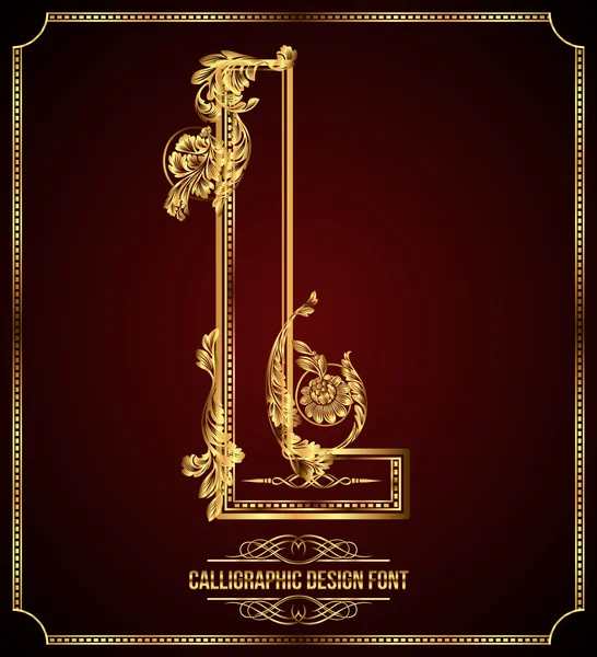 Diseño caligráfico Fuente con elementos tipográficos florales. Elementos de diseño premium sobre fondo oscuro. Decoración de página. Retro Vector Letra de Oro L — Vector de stock