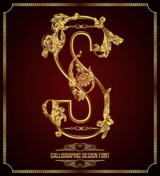 Calligraphic Design Font with Typographic Floral Elements. Premium design elements on dark background. Page Decoration. Retro Vector Gold Letter S — Stock Vector