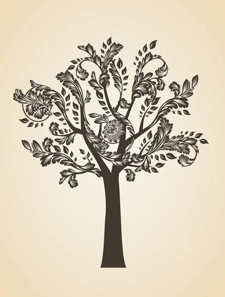 Swirl träd konst koncept. Brun logotyp. Gravyr Logotype — Stock vektor