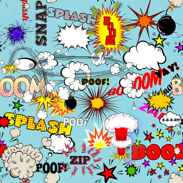 Векторный ретро-бесшовный шаблон с пузырьками, этикетками, логотипами и словами из комиксов
