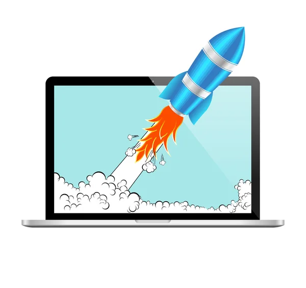 Rocket realistico e Laptop Vector Icon. Startup Comic o Project Development Concept . — Vettoriale Stock