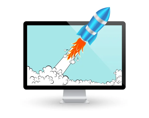 Rocket e schermo del computer. Startup Comic o Project Development Concept. Icona vettoriale — Vettoriale Stock