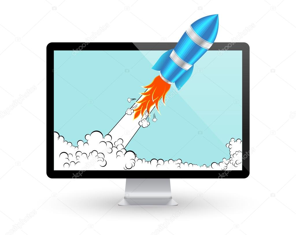 Rocket and computer screen. Startup Comic or Project Development Concept. Vector Icon