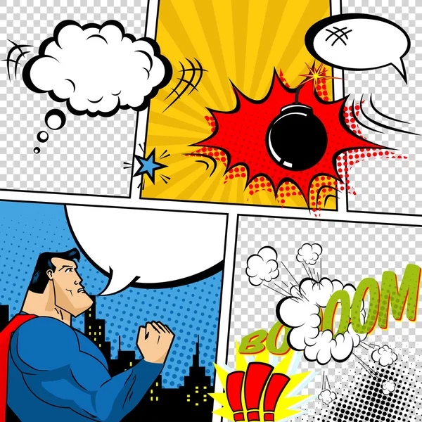 Illustrazione delle bolle del discorso dei fumetti retrò vettoriali. Mock-up della pagina dei fumetti con posto per testo, bolle vocali, simboli, effetti sonori, sfondo colorato mezzitoni e supereroe — Vettoriale Stock
