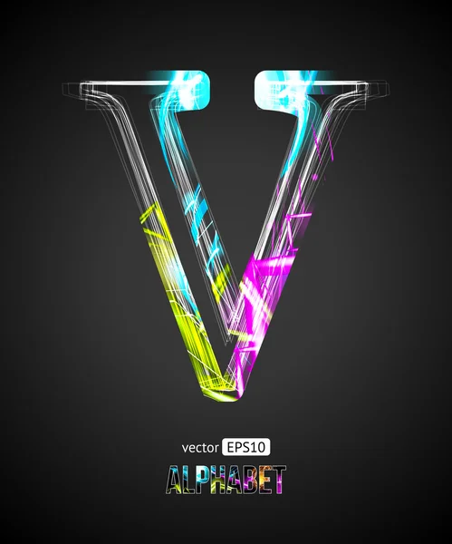 Vector Design Light Effect Alphabet. Carta V sobre um fundo preto . — Vetor de Stock