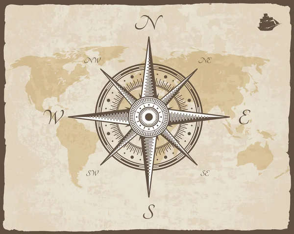 Compas nautique vintage. Ancienne texture de papier vectoriel de carte avec cadre de bordure déchiré. Rose des vents — Image vectorielle