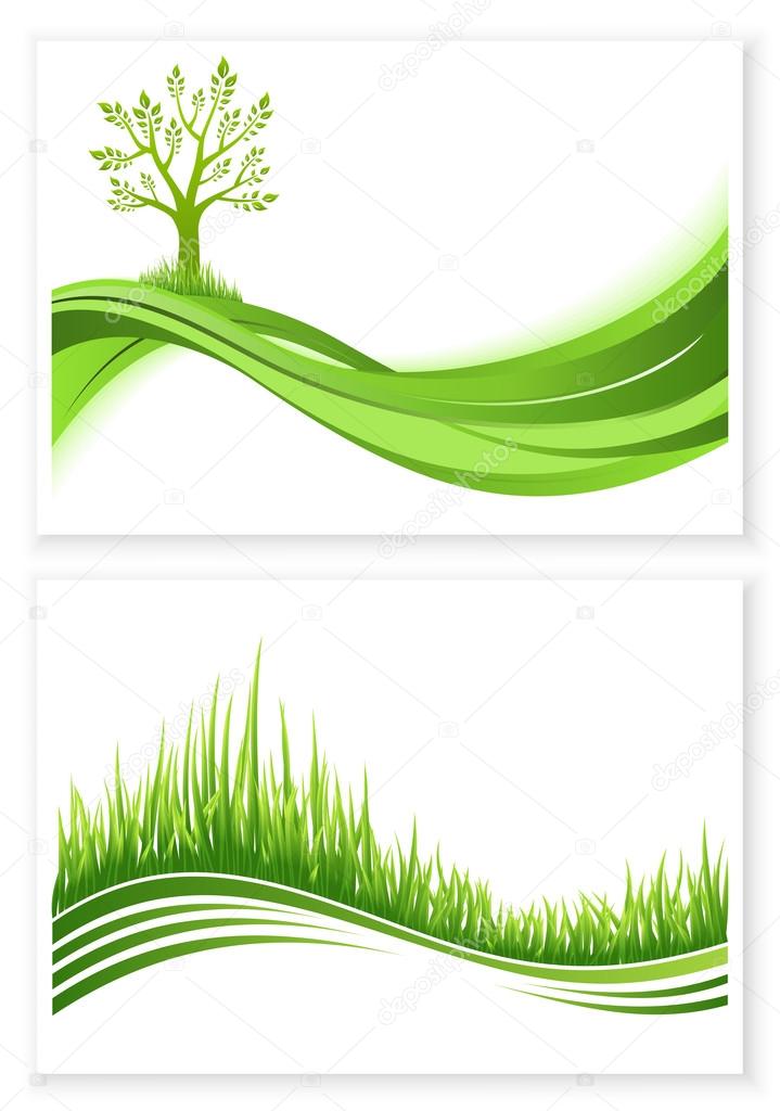 Set of green tree and grass growth vector eco concept. Nature background. Collection abstract illustrations with copyspace.