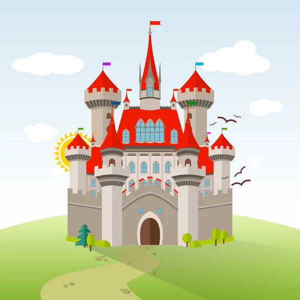 Castillo de cuento de hadas. Imaginación vectorial Ilustración infantil. Paisaje plano con árboles verdes, hierba, sendero, piedras y nubes — Archivo Imágenes Vectoriales