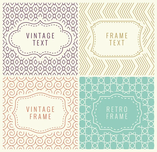 Retro Mono Line Frames with place for Text. Vector Design Template, Labels, Badges on Seamless Geometric Patterns. Minimal Textures — Stock Vector