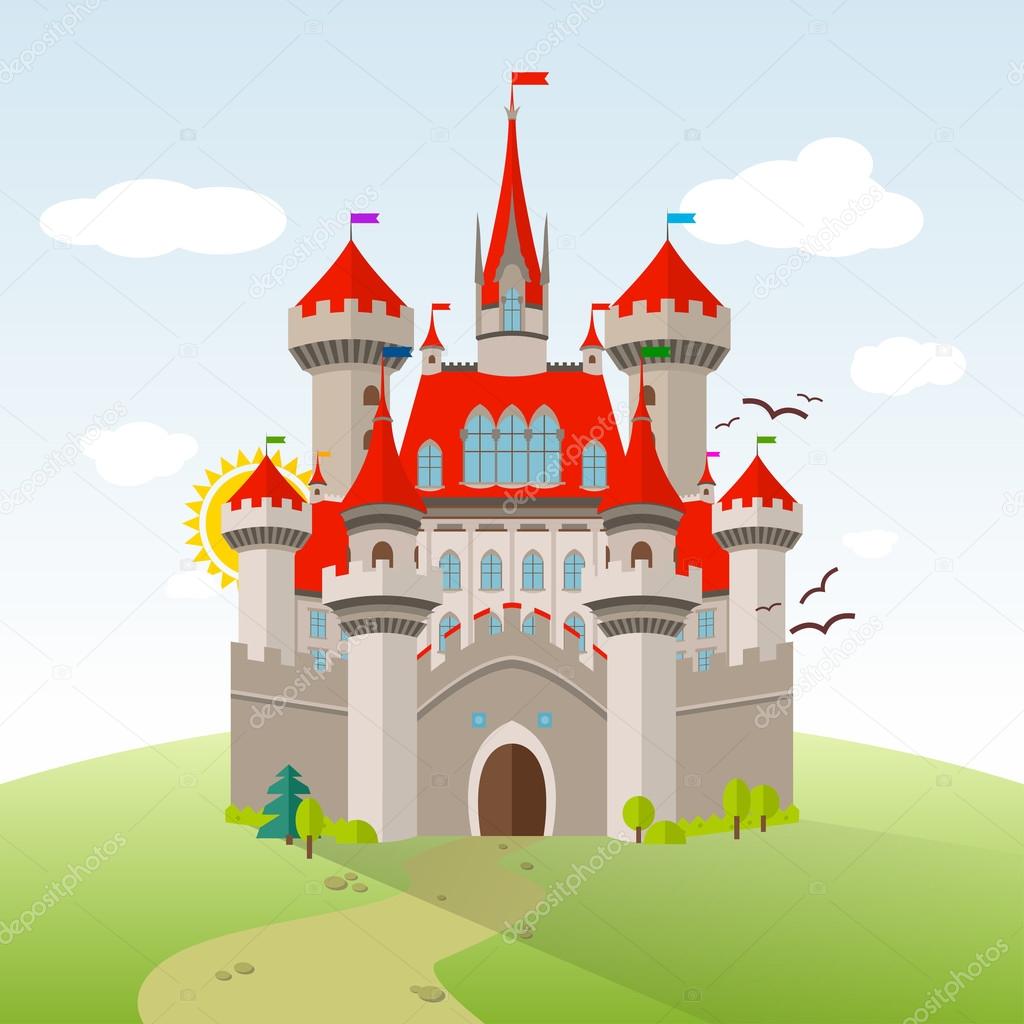 Fairy-tale Castle. Vector Imagination Child Illustration. Flat Landscape with Green Trees, Grass, Path, Stones and Clouds