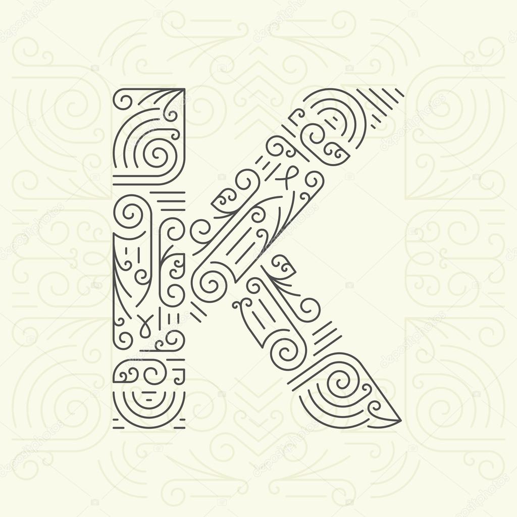 Vector Mono Line style Geometric Font Your for Text, Slogan, Template or Advertising. Golden Monogram Design element for Labels and Badges. Letter K