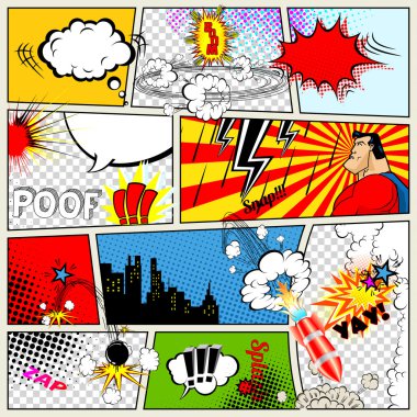 Comics Template. Vector Retro Comic Book Speech Bubbles Illustration. Mock-up of Comic Book Page with place for Text, Speech Bubbls, Symbols, Sound Effects, Colored Halftone Background and Superhero clipart