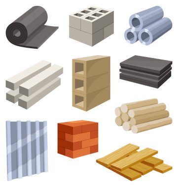 İnşaat alanları ya da yenileme işleri için inşaat malzemeleri. Tuğlalar, kalaslar, metal, profil sayfası vektör seti. İnşaat konsepti yenileme çalışmaları gösteriyor.