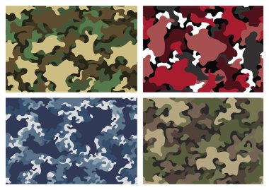 Camouflage texture seamless patterns set. Abstract modern camo backgrounds for fabric and fashion textile print. Woodland style. Textures of classic clothing in masking style.