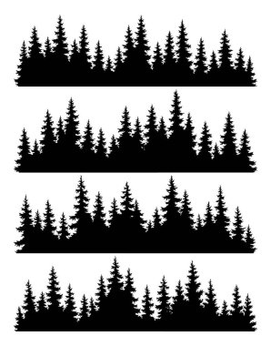 Bir dizi köknar ağacı silueti. Kozalaklı ladin yatay arkaplan desenleri, siyah yeşil orman vektör çizimi. Güzel el çizimi kozalaklı ormanın panoramaları..