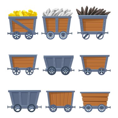 Altın, kristal, taş ya da kömür yüklü metal ve ahşap maden arabaları koleksiyonu. Çizgi film arabaları. Vektör tasarımı çizimi beyaz arkaplanda izole edildi.