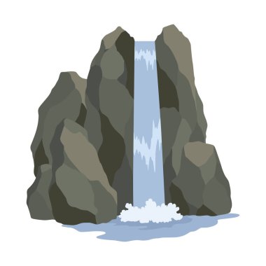 Karikatür nehri şelalesi. Dağlar ve ağaçlarla kaplı bir manzara. Seyahat broşürü veya illüstrasyon mobil oyunu için tasarım ögesi. Taze doğal su.