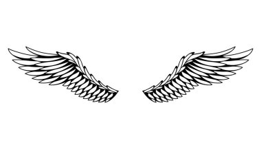 Kanatlılar skeci. Stilize kuş kanatları. Elle çizilmiş stiker kanadı açık pozisyonda. Renklendirme biçiminde vektör tasarımı ögeleri.