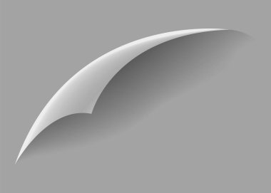 Kıvrılmış kağıt köşesi. Eğri sayfa köşesi, sayfa kenarı kıvrımlı ve gerçekçi gölgesi olan eğri kağıt çarşaf. Kağıt köşe katlaması beyaz arkaplanda izole edildi.