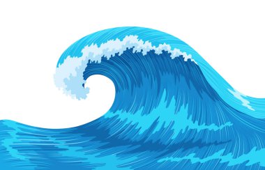 Okyanus dalgaları, su sıçratma, deniz fırtınası. Mavi deniz ya da okyanus dalgası püskürtülmüş, tepesinde köpük var. Vektör illüstrasyonu.