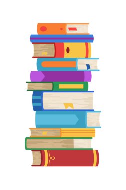 Yüksek kitap yığınları ya da yığın. Kütüphane ders kitapları, okul edebiyatı, sözlükler. Kitapçı reklamı. Çizgi roman yığınları beyaz üzerine izole edilmiş farklı renkli kapaklar ile açı görünümü.