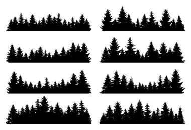 Bir dizi köknar ağacı silueti. Kozalaklı ladin yatay arkaplan desenleri, siyah yeşil orman vektör çizimi. Güzel el çizimi kozalaklı ormanın panoramaları..