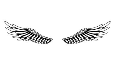 Kanatlılar skeci. Stilize kuş kanatları. Elle çizilmiş stiker kanadı açık pozisyonda. Renklendirme biçiminde vektör tasarımı ögeleri.