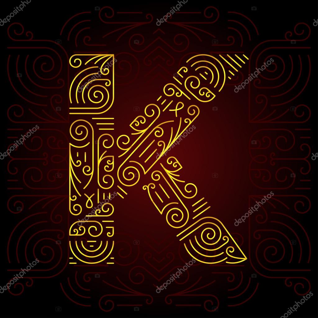 Vector Gold Mono Line style Geometric Font for Design Text, Slogan, Template or Advertising. Golden Monogram Design elements for Invitation, Postcard, Badges or Advertising. Letter K