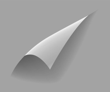 Kıvrılmış kağıt köşesi. Eğri sayfa köşesi, sayfa kenarı kıvrımlı ve gerçekçi gölgesi olan eğri kağıt çarşaf. Kağıt köşe katlaması beyaz arkaplanda izole edildi.