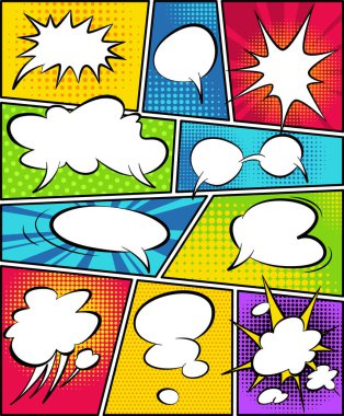 Çizgi roman sayfası konuşma baloncukları ve ses efektli satırlara bölündü. Geçmişe dönük model. Çizgi roman şablonu. Vektör illüstrasyonu.