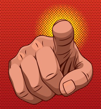 Çizgi romanlar izleyiciyi gösteriyor. Sam Amca pop sanat tarzında el ele verdi. İş konsepti çizimi. İşaret parmağı göster. Eski moda eski tasarım insan kolu.