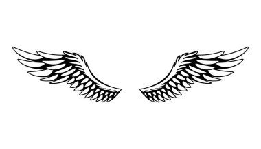 Kanatlılar skeci. Stilize kuş kanatları. Elle çizilmiş stiker kanadı açık pozisyonda. Renklendirme biçiminde vektör tasarımı ögeleri.
