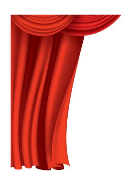 Kırmızı perdeler gerçekçi. Sinema veya opera salonu için ipek kumaş dekorasyonu. Perdeler ve perdeler iç dekorasyon objesi. Tiyatro sahnesi için saydam olarak izole edilmiş..