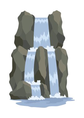 Çizgi film nehri çağlayan şelalesi. Dağlar ve ağaçlarla kaplı bir manzara. Seyahat broşürü veya illüstrasyon mobil oyunu için tasarım ögesi. Taze doğal su.