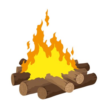 Şömine yakan tiplerden. Yanan odun, seyahat ve macera sembolü. Vektör şenlik ateşi ya da çizgi film tarzı tahta ateşi. Turist şenlik ateşi yığıldı..