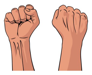 Yükselmiş yumruk hareketi amblemi çizmiş. Yumruğunu sıkıca kavrayıp ayağa kalkıyor. Beyaz arka planda izole edilmiş bir sembol. Güç işareti. İnsan eli havada..